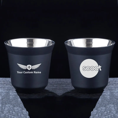 Scoot Airlines aviation design on double-wall coffee mug, vacuum-insulated double-wall.
