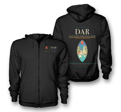 Dar es Salaam Airport (DAR) design on black premium zipped hoodie