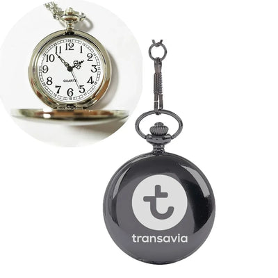 Transavia France Airlines aviation pocket watch, brushed metal body with engraved detail.