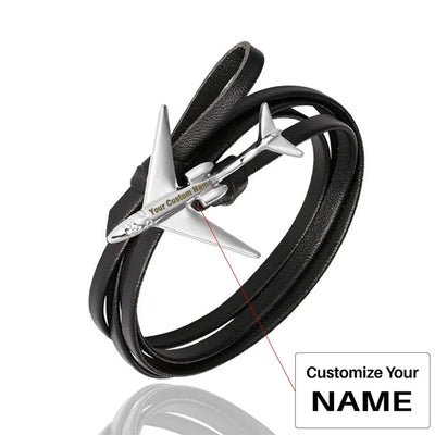 Side view of (Edition 3) - Special Leather Rope Airplane Bracelets Silver (Adjustable) aviation bracelet in polished metal, p.