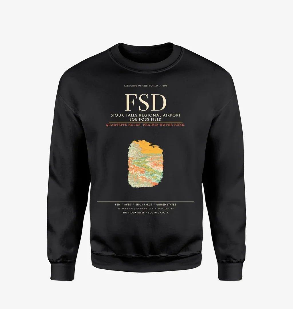 Sioux Falls Regional Airport Joe Foss Field (FSD) design on black sweatshirt