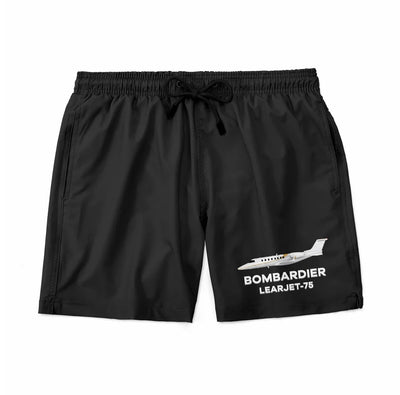 The Bombardier Learjet 75 aviation design on quick-dry polyester swim trunks.