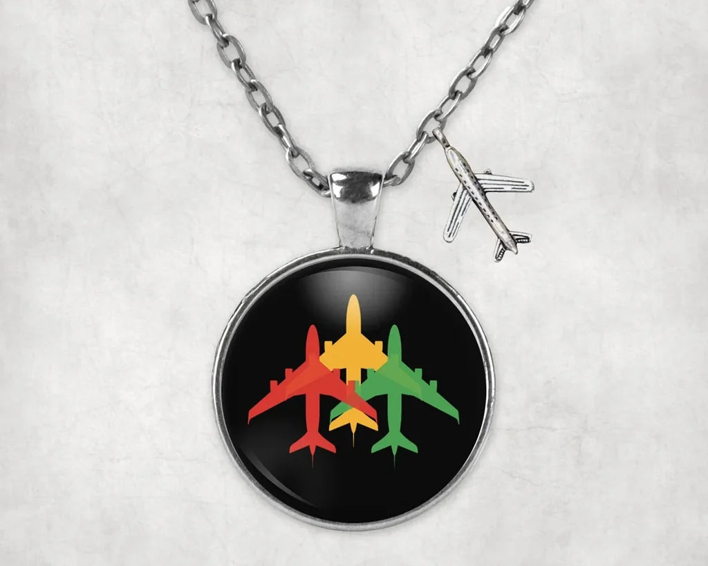 Colourful 3 Airplanes aviation-themed necklace, polished stainless steel.