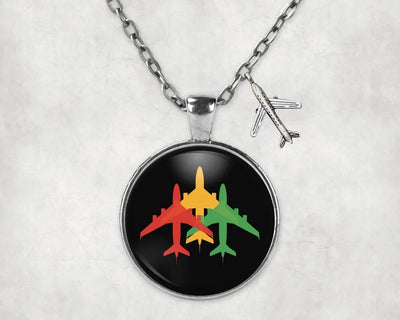 Colourful 3 Airplanes aviation-themed necklace, polished stainless steel.
