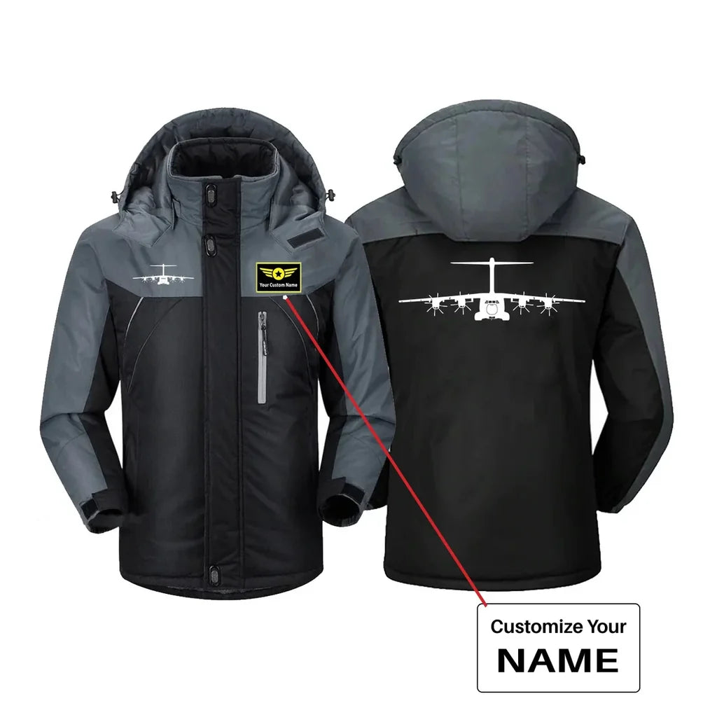 Airbus A400M Silhouette aviation design printed on heavyweight insulated shell thick winter jacket.