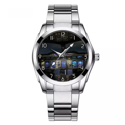Airbus A380 Cockpit aviation-themed watch with stainless steel band, polished stainless steel.