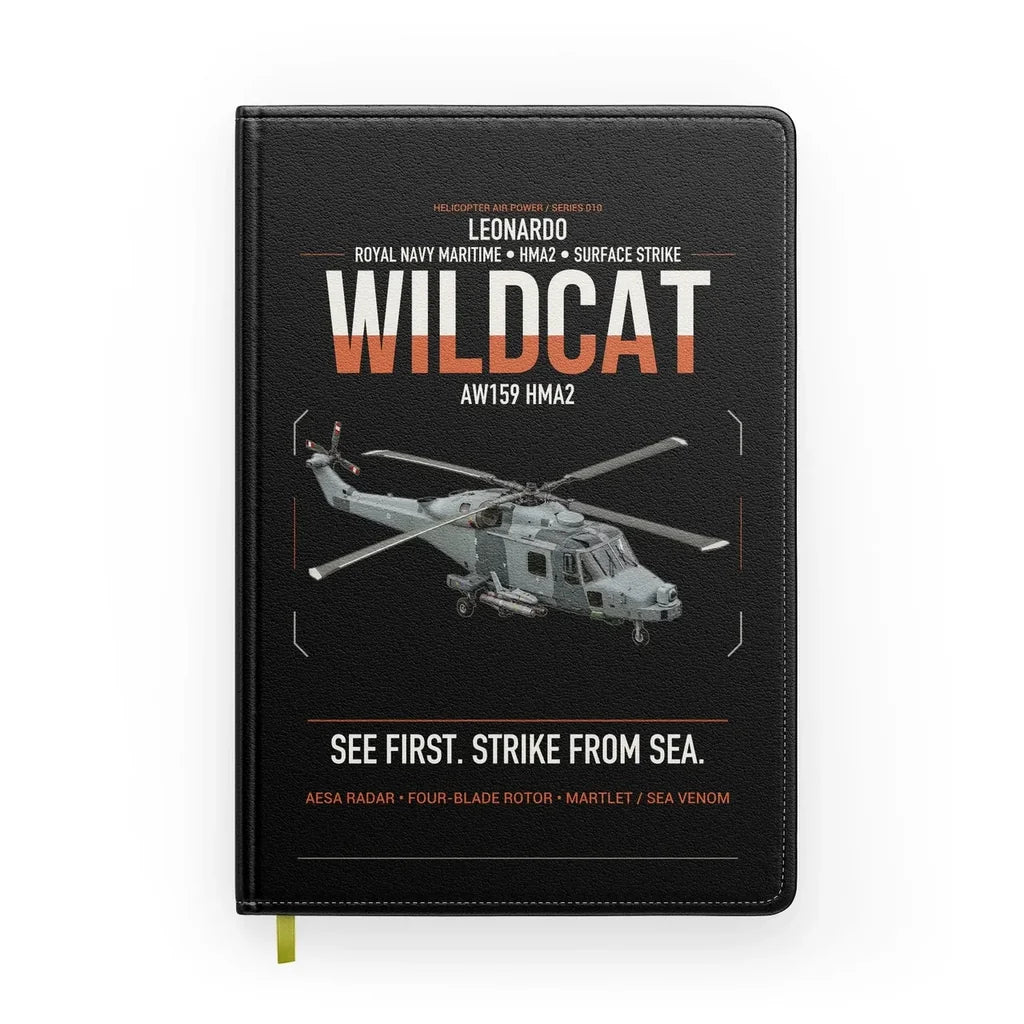 Leonardo AW159 Wildcat HMA2 design on black notebook