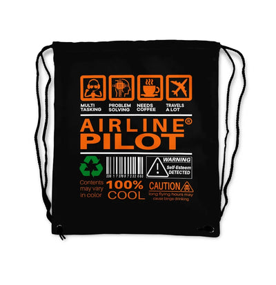 Airline Pilot Label aviation print drawstring bag, lightweight polyester.