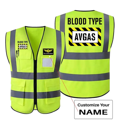 Blood Type AVGAS aviation design printed on high-visibility reflective fabric reflective vest.