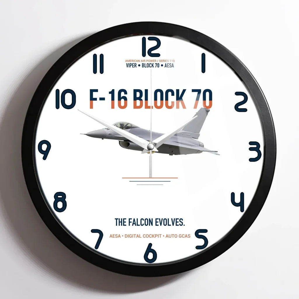 F-16 Block 70 The Falcon Evolves design on white framed wall clock