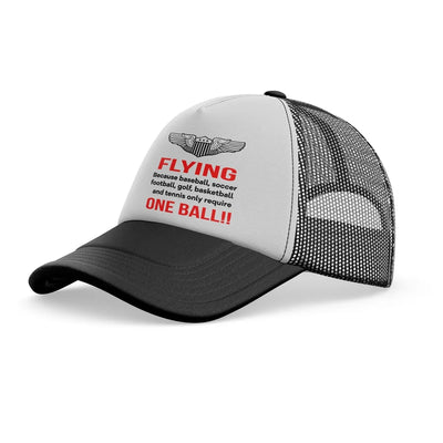 Flying One Ball aviation embroidery on mesh-back cotton trucker cap.