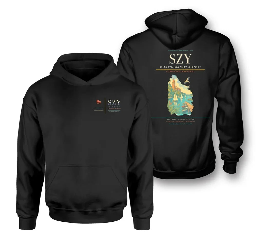 Olsztyn-Mazury Airport (SZY) design on black double-side hoodie