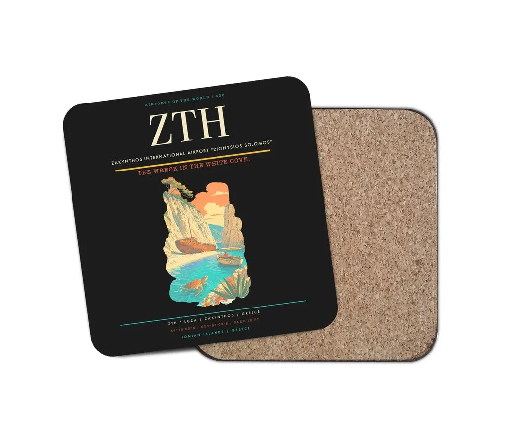 Zakynthos International Airport "Dionysios Solomos" (ZTH) design on black 1 piece coaster
