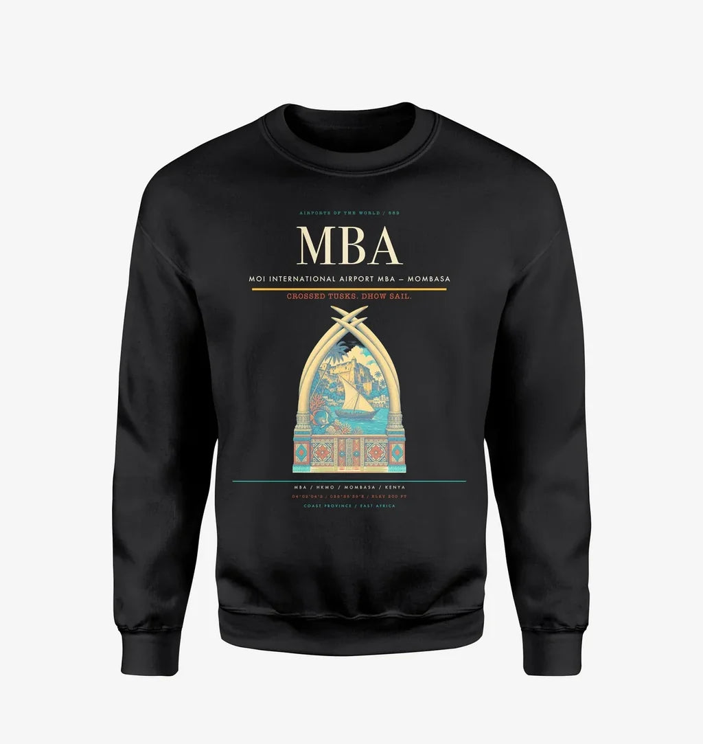 Moi International Airport (MBA) design on black sweatshirt