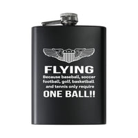 Thumbnail for Flying One Ball aviation design on stainless hip flask, compact pocket-size flask.