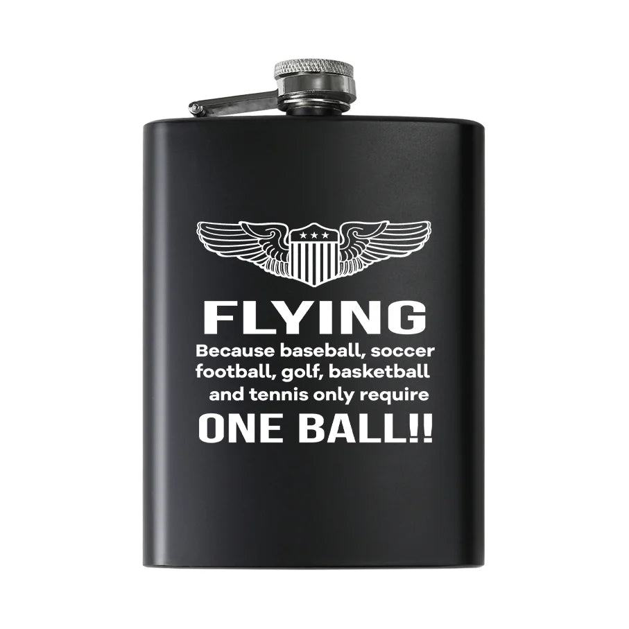 Flying One Ball aviation design on stainless hip flask, compact pocket-size flask.