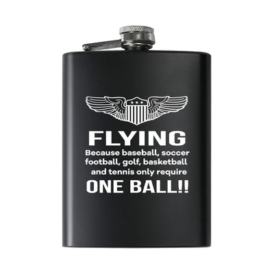 Flying One Ball aviation design on stainless hip flask, compact pocket-size flask.