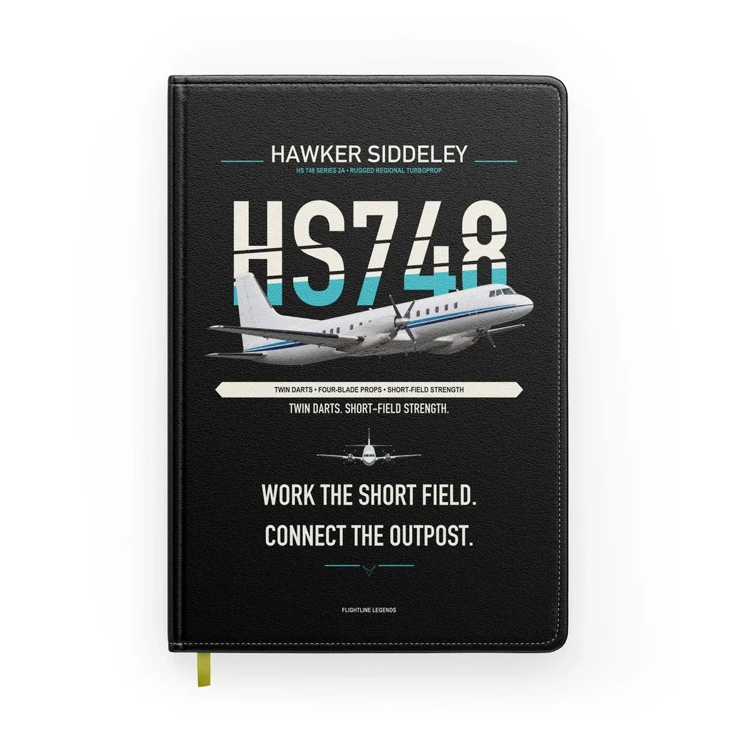 Hawker Siddeley HS 748 Series 2A design on black notebook