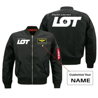 Thumbnail for LOT Polish Airlines aviation design with custom name embroidered on black bomber jacket