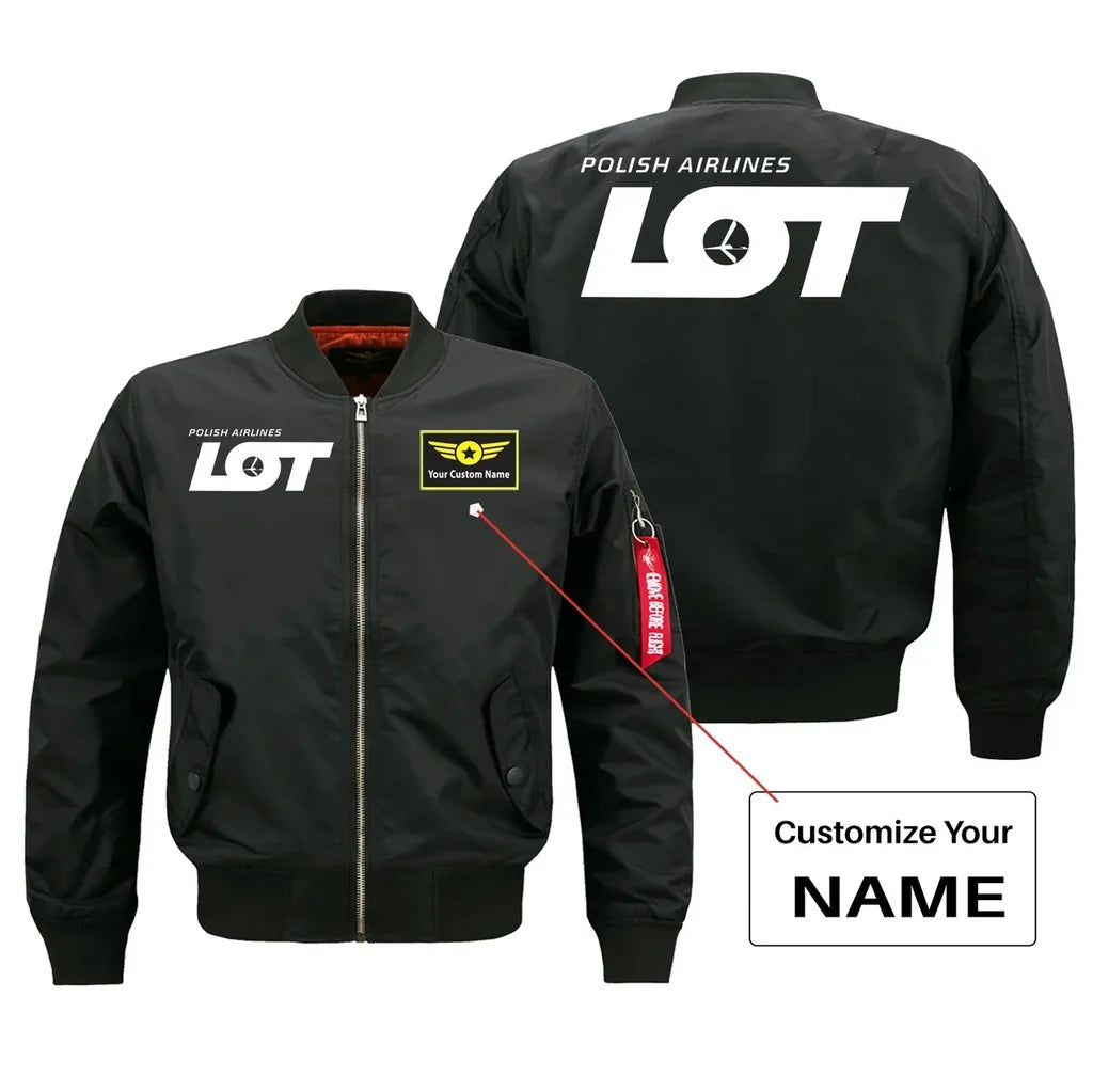 LOT Polish Airlines aviation design with custom name embroidered on black bomber jacket