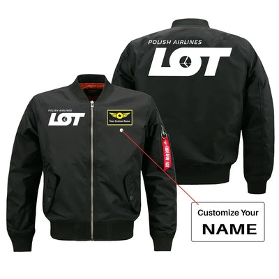 LOT Polish Airlines aviation design with custom name embroidered on black bomber jacket