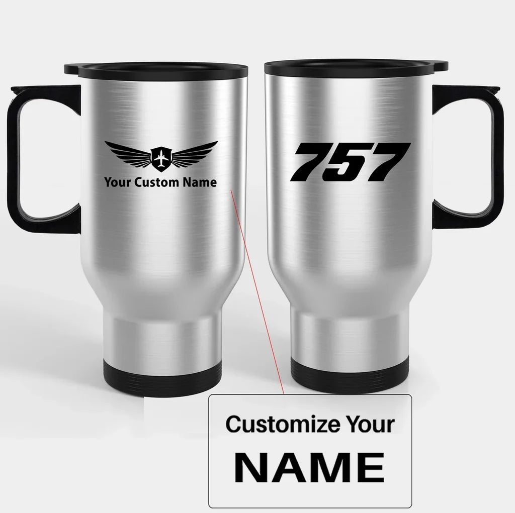 Boeing 757 Flat Text Travel Mugs (With Holder) aviation design on travel mug with holder, insulated double-wall with car-cup.