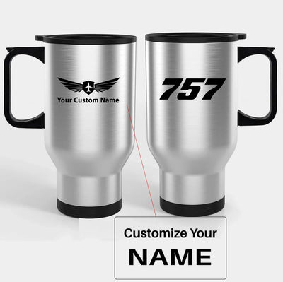 Boeing 757 Flat Text Travel Mugs (With Holder) aviation design on travel mug with holder, insulated double-wall with car-cup.