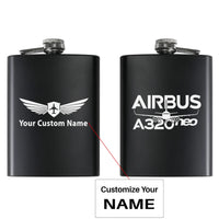 Thumbnail for Amazing Airbus A320neo aviation design on stainless hip flask, compact pocket-size flask.