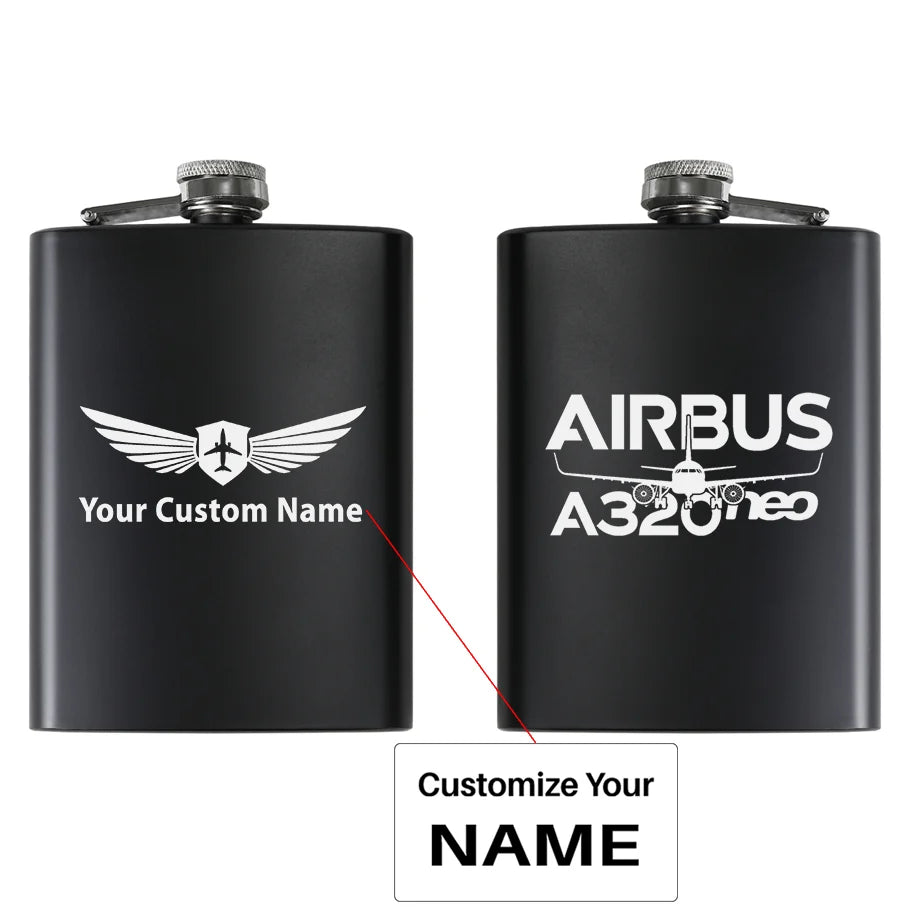 Amazing Airbus A320neo aviation design on stainless hip flask, compact pocket-size flask.