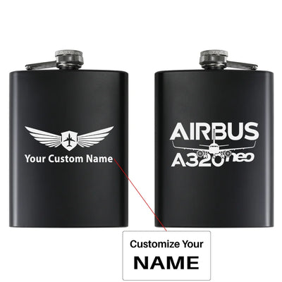 Amazing Airbus A320neo aviation design on stainless hip flask, compact pocket-size flask.