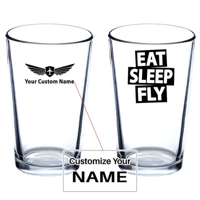 Eat Sleep Fly Beer & aviation design on beer water glass, versatile drinkware.