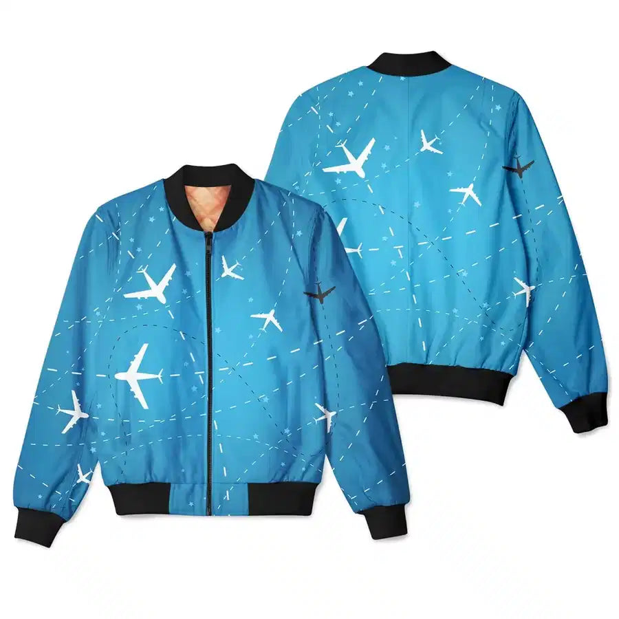 Travelling with Aircraft aviation design printed on padded shell with full sublimation print 3D bomber jacket.