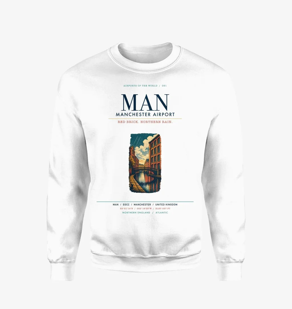 Manchester Airport (MAN) design on white sweatshirt