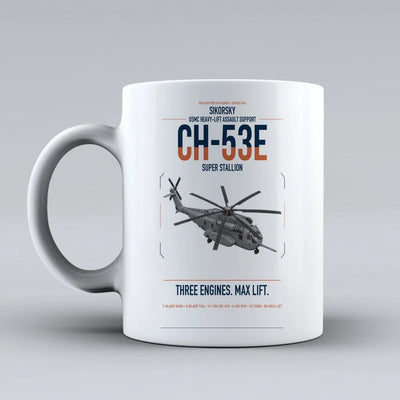 Sikorsky CH-53E Super Stallion design on white ceramic mug, double-side print
