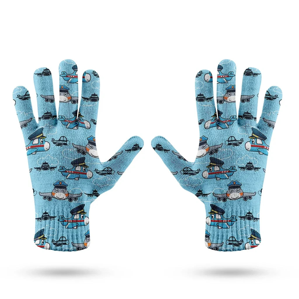 Cartoon & Funny Airplanes aviation design on soft knit fabric gloves.