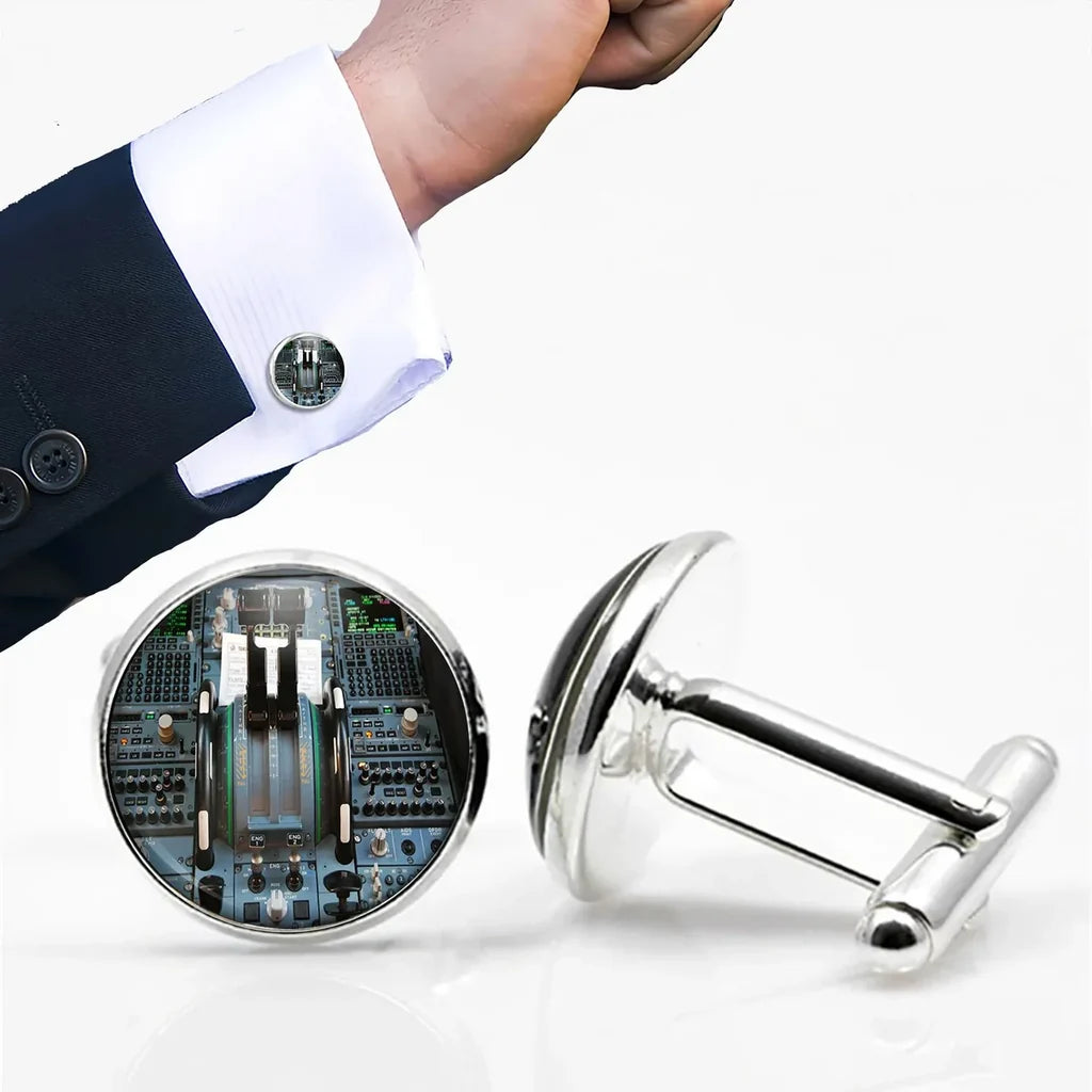 Airbus A320 Cockpit aviation-themed cuff links, polished metal.