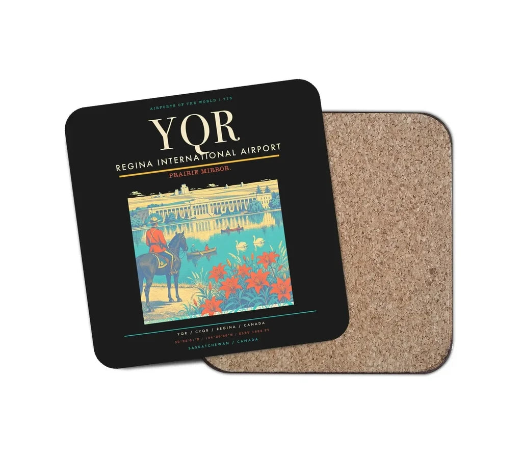Regina International Airport (YQR) design on black 1 piece coaster