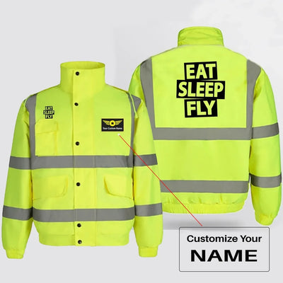 Eat Sleep Fly aviation design printed on insulated shell with high-visibility reflective panels reflective winter jacket.