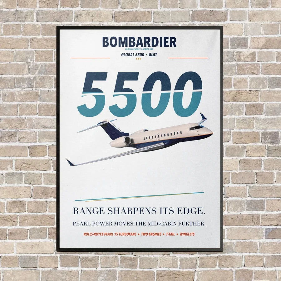 Bombardier Global 5500 vertical canvas print - framed - white background