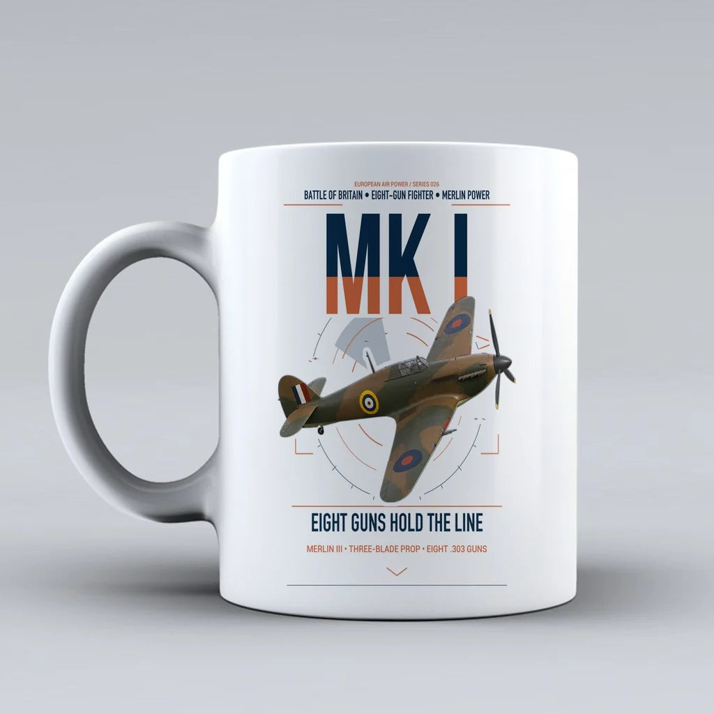 Hawker Hurricane Mk I design on white ceramic mug, double-side print
