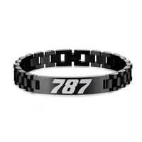 Thumbnail for Boeing 787 Flat Text aviation chain bracelet, stainless steel body with engraved detail.