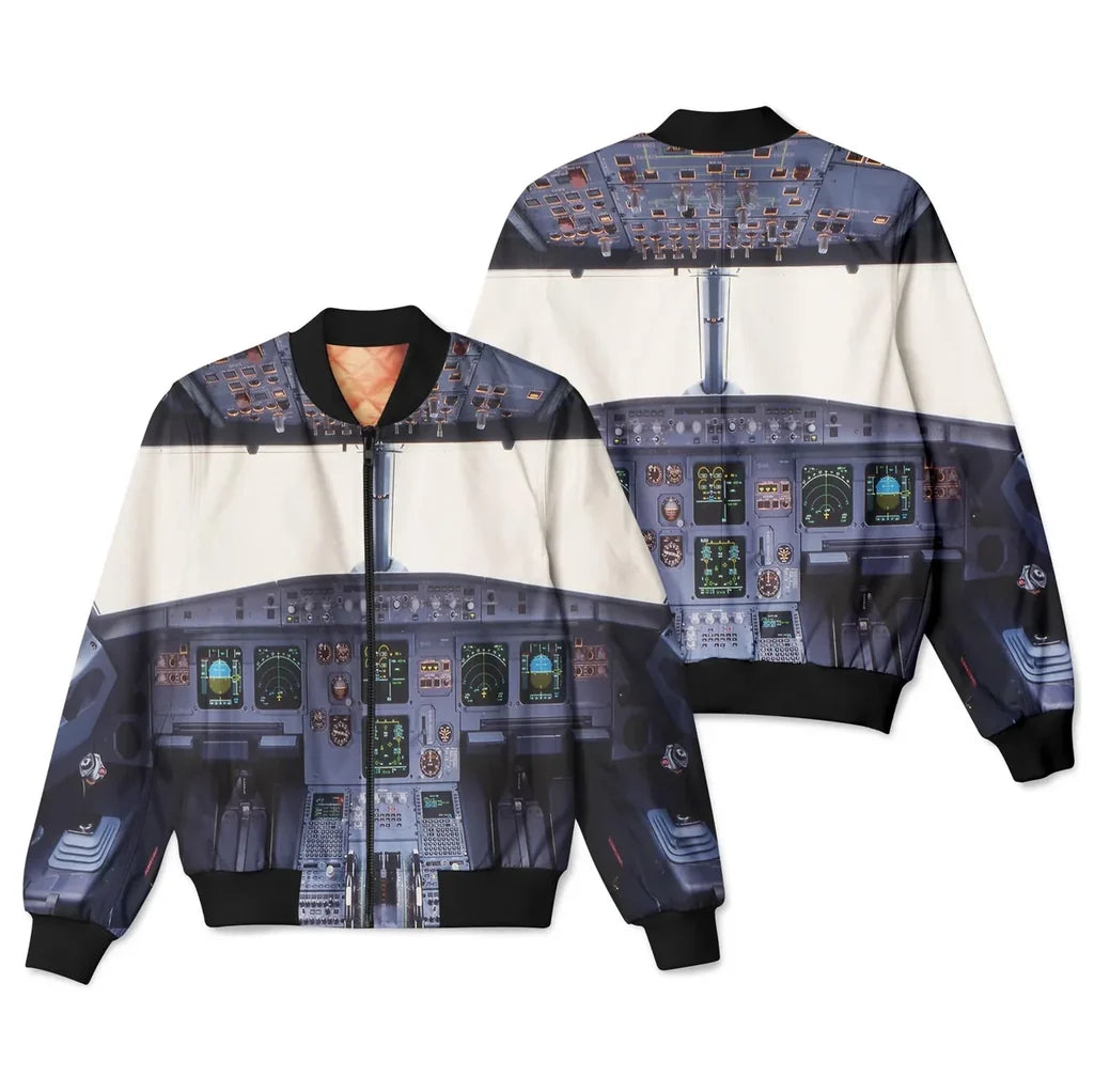 Airbus A320 Cockpit Wide aviation design printed on padded shell with full sublimation print 3D bomber jacket.