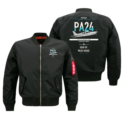 Piper PA-24-250 Comanche 250 design on black bomber jacket, double-side print