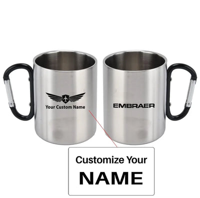 Embraer & Text aviation design on outdoor mug, durable insulated construction.