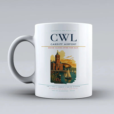Cardiff Airport (CWL) airport code design on white ceramic mug