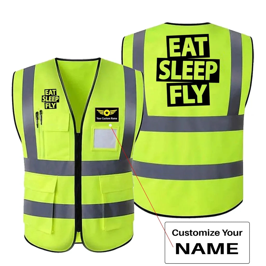 Eat Sleep Fly aviation design printed on high-visibility reflective fabric reflective vest.
