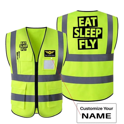 Eat Sleep Fly aviation design printed on high-visibility reflective fabric reflective vest.