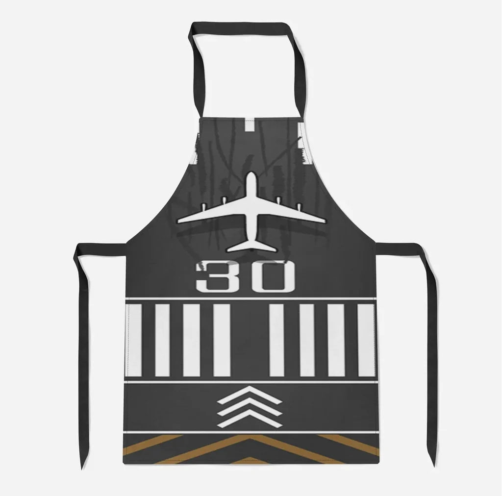 Runway 30 aviation design on durable cotton blend kitchen apron.