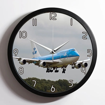 Landing KLM's Boeing 747 aviation design on premium wood and metal wall clock.