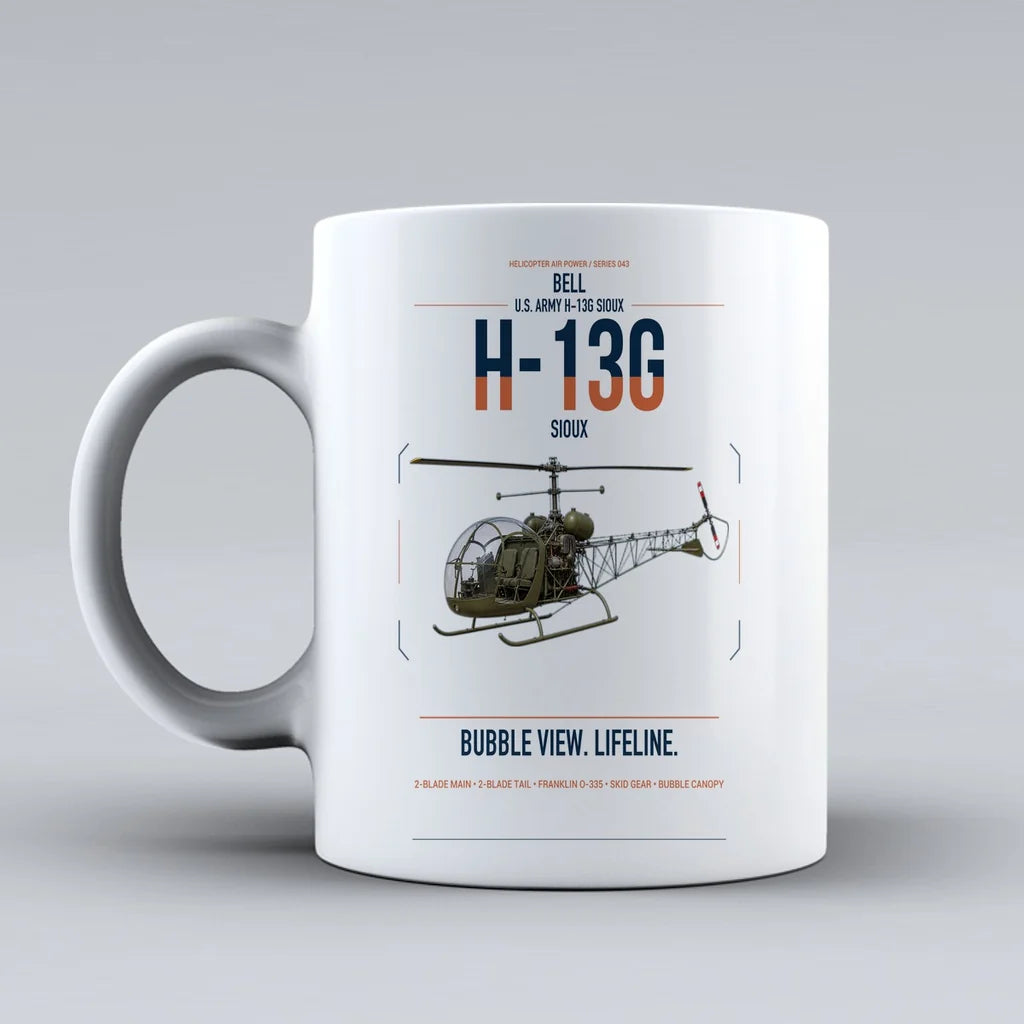 Bell H-13G Sioux design on white ceramic mug, double-side print